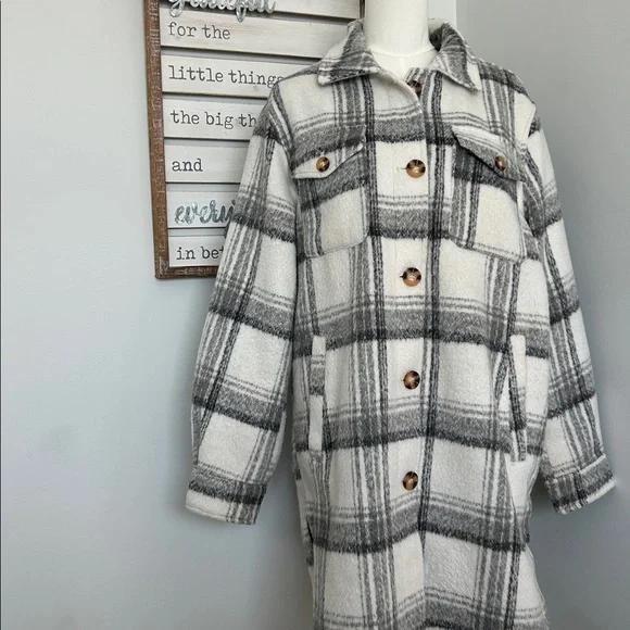 Long Faux Wool Shacket/Jacket Gray & Ivory/White Large Plaid Pattern Lined Large - Picture 2 of 12